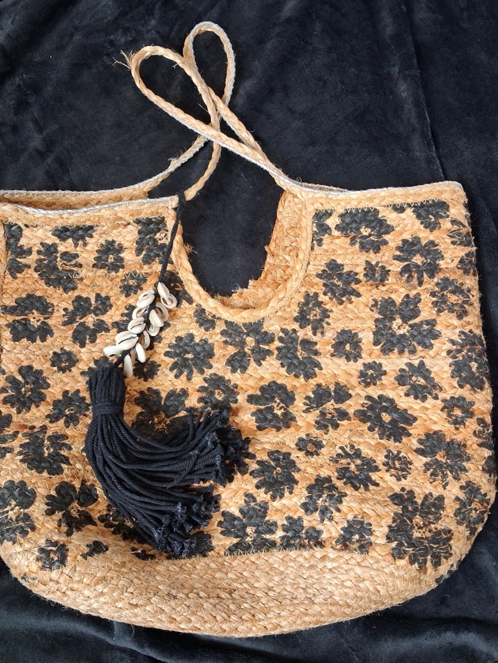 Large Straw Floral Tote w/ Seashell Tassel